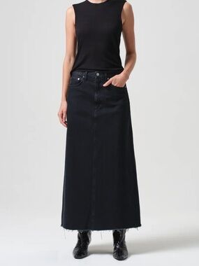 Agolde Hilla Black Denim Maxi Skirt High Rise Raw Hem Slit Size 27